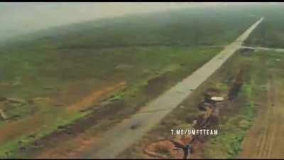 A Ukrainian kamikaze FPV drone hitting a Russian soldier directly