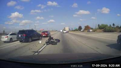 [OC] Motorcyclist hit by a car merging out of double solid lines. A red car is rear ended at some point.