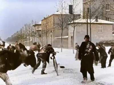 Snowball fight 124 years ago. Lyon, France, 1896. Colorized and speed adjusted. Original in black and white by Louis Lumiere.