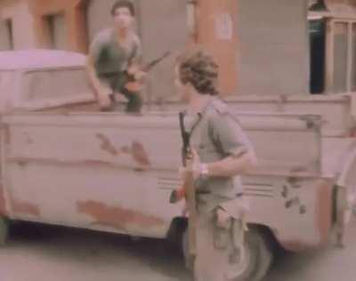 Armenian self-defense militias in Bourj Hammoud, Lebanon clashing with Lebanese Phalangists forces during the Lebanese Civil War. September 1979.