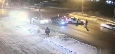 Hero Russian Policeman sacrificing themselves and Police car to save pedestrians in a crosswalk they were about to be struck down by a speeding car!