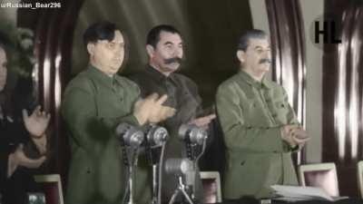 (OC) Colorized footage of meeting of Party officials in Moscow metro's Mayakovskaya station . November 6 , 1941 . The meeting was conducted underground due to frequent German Air raid over Moscow . Battle for Moscow ( 30 Sep 1941 - 20 Apr 1942) .Stalin , 