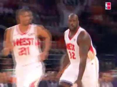 During his 15th and final All-Star Game, 37-year-old Shaq nutmegs a trash-talking Dwight Howard, runs past him and throws it down