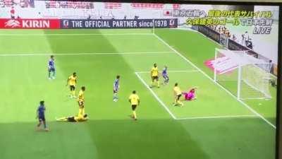 A Japanese soccer player nutmegged(ball passing between the legs) four players to score a goal.