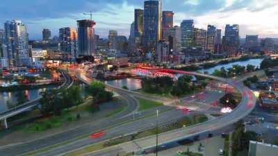 Calgary &quot;Be part of the Energy&quot; 4th Ave Flyover Sunset Hyperlapse