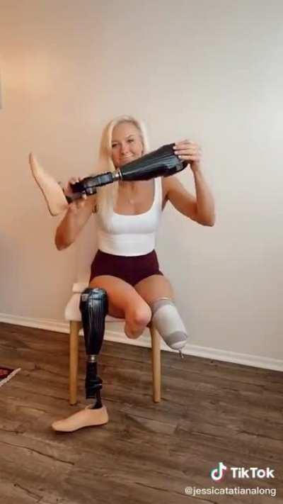 How OP puts on her prosthetic legs