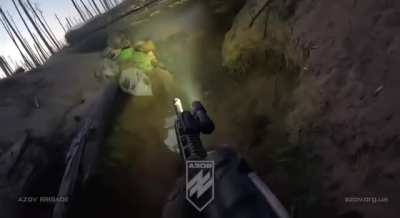 [enemy visible]  [go pro] [CQB] azov brigade soldier clears russian trenches . date unknown 