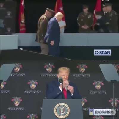 The president struggled to walk down a ramp and lift a glass of water with two hands during yesterday's West Point Commencement