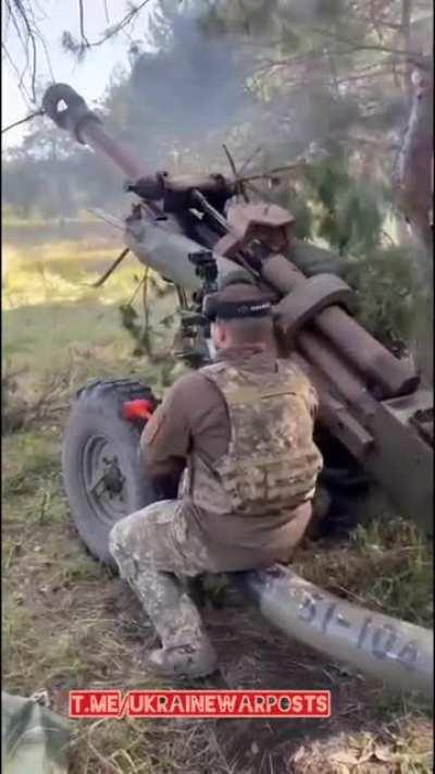 Ukrainian forces using the British designed 105mm light weight artillery piece to strike a Russian position in the East