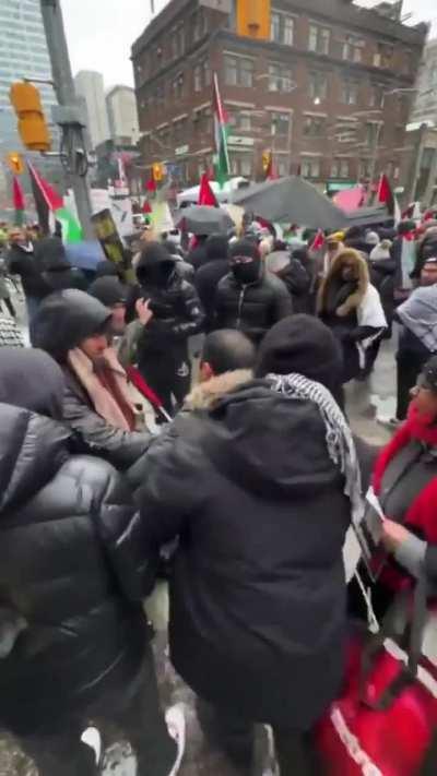 Bringing a Canadian flag near a protest in Toronto