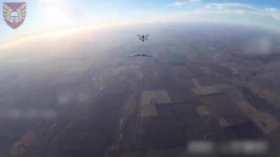 FPV Drone shooting down russian ZALA recon drone, filmed from another drone [46th Airmobile Brigade, October 2024]