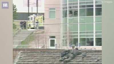 Columbine survivor Patrick Ireland climbing out of the window after getting shot 3 times, 2 in head and one in leg. (His left side of the body was paralyzed)