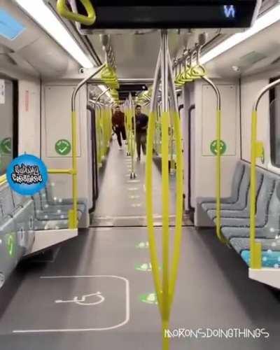 Racing through the empty subway train. What could go wrong.