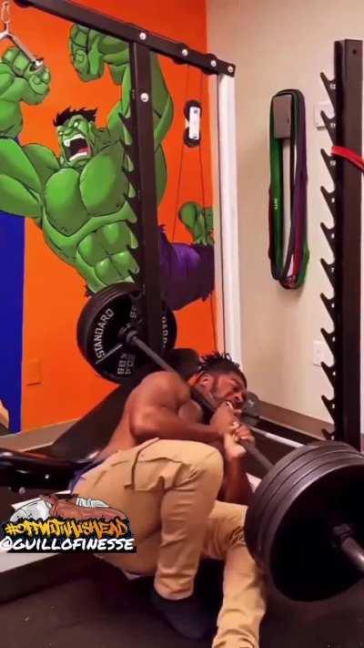 Dude almost choked to death by barbell.