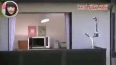 Professional Japanese frisbee thrower throws a pizza from one house to another house's microwave