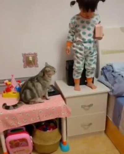 Protective kitty knows where to block the kid from danger