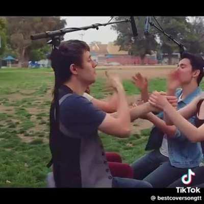 Lip syncing in the park