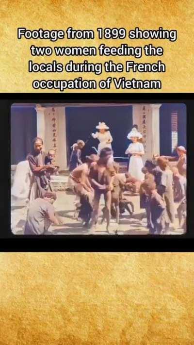 Footage from 1899 showing two women feeding locals during the French occupation of Vietnam