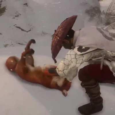 A new update for Ghost of Tsushima added fox belly rubs (and now they also do a happy dance)