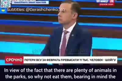 Russian propagandist Skabeyeva says that some restaurants in Great Britain started serving squirrels because of the food shortage in the country. She implies that all the money went towards weapons for Ukraine, and now Britons must eat squirrels.