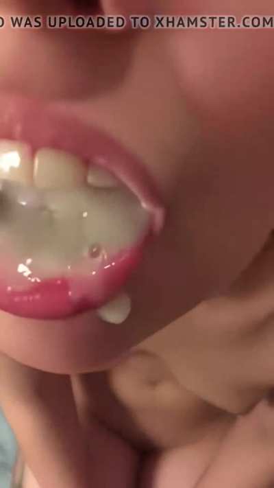 My jerkbud has really big loads that can get messy so it's just more convenient for me to catch it all in my mouth while I'm on my knees. And show off my mouthful, and swallow it. It's for convenience!