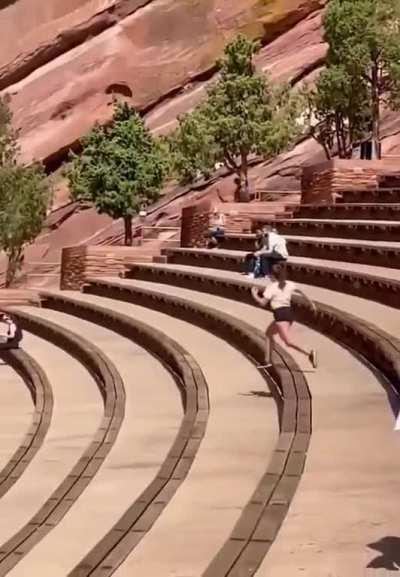 Woman running down steps without wiping out