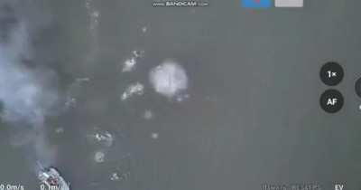 Ukrainian drone drops a munition on Russian soldiers swimming after their boat was struck by a FPV drone (June 2024)