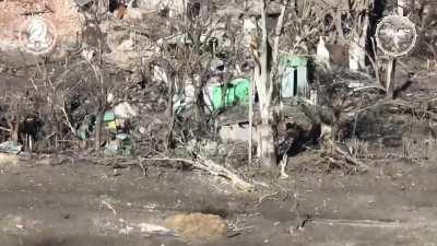 Two russians in the Avdiivka area get targeted, first by mortar, then fpv drone when they try to hide in the ruins of a building