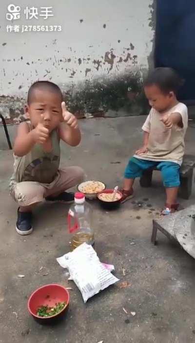 Small kid making food.