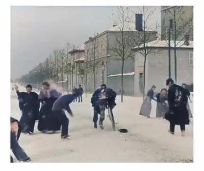 Growing old is mandatory, growing UP is a choice. First ever recorded snowball fight. (1897)