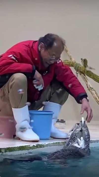 Lovely man playing with an otter at the zoo. They look so cute together.