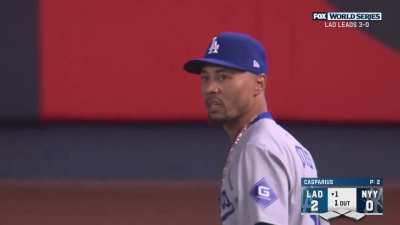 Fan interference was called on this play where a Yankee fan tried to take the ball out of Mookie Betts' glove after an out.