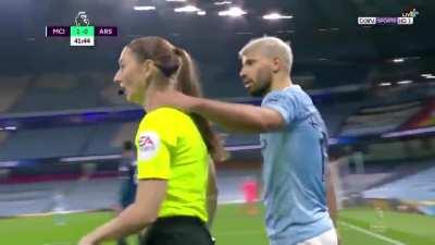 Aguero getting touchy-feely with the lineswoman...