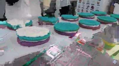 Mass production of rainbow castella cakes