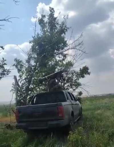 Ukrainian serviceman fires Javelin missile targeting a Russian tank