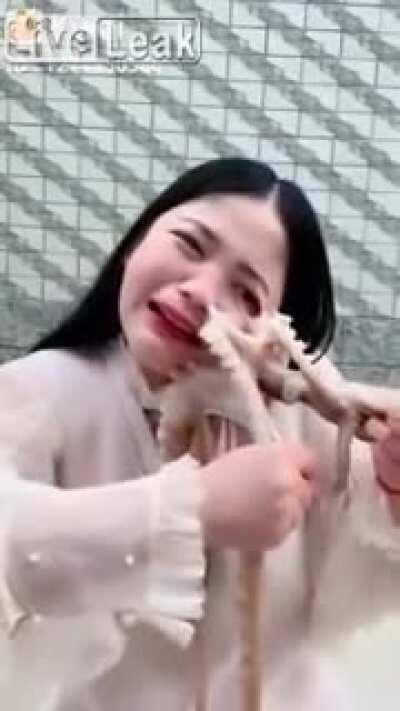 Octopus sticks itself to an ASMR vlogger's face after she tried eating it alive. Taking a piece of skin as a souvenir.