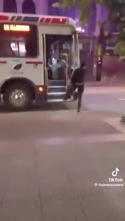 Drunk man tries to fight bus driver and hold up bus.