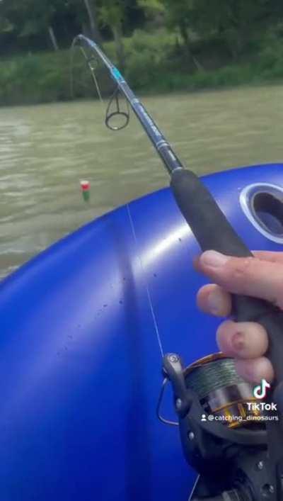 Guy catches a massive Alligator Gar from a Buc-ee's inflatable tube.