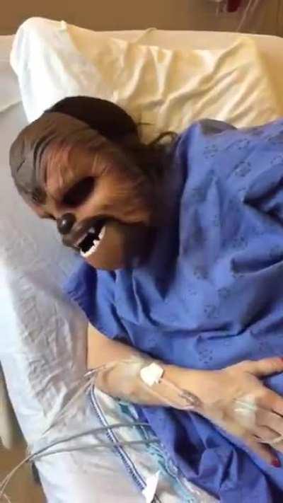 Wearing a Chewbacca mask during labor because you lost a bet with your husband