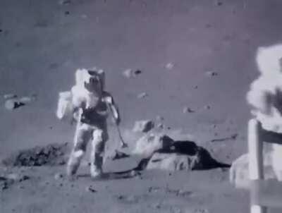 Sped up footage of astronauts jumping and tripping on the surface of the Moon.