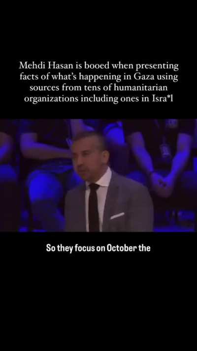 Mehdi Hasan during a debate gets booed by the audience when he states his sources for stating the Israeli war crimes in Gaza are many international human rights organisations including the Israeli human rights organisations too