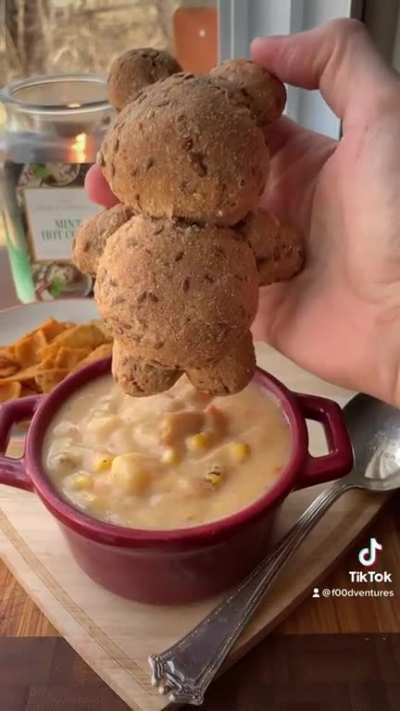 [homemade] bread bear in his own little hot tub of soup