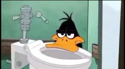 Daffy duck holds a toilet