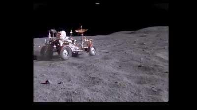 Upscaled footage of the Apollo 16 Rover cruising on the moon