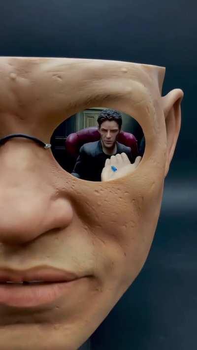 The Matrix Morpheus bust with Keanu Reeves in the lens as shown in the movie, made by Richter Steven.(Insta in comments)