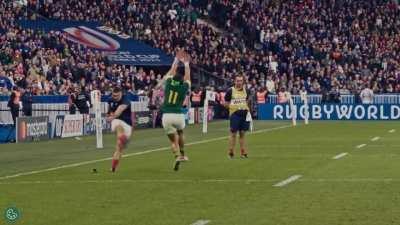 Cheslin Kolbe charging down Thomas Ramos' conversation attempt, on-field angle shown in the Whistleblowers documentary