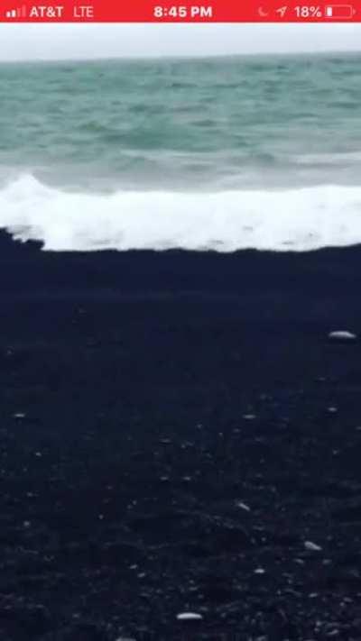 Water disappearing in coarse black sand