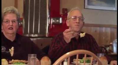 Old couple try their best to say “Pie that’s baked in a buttery flaky crust” in Advertisement