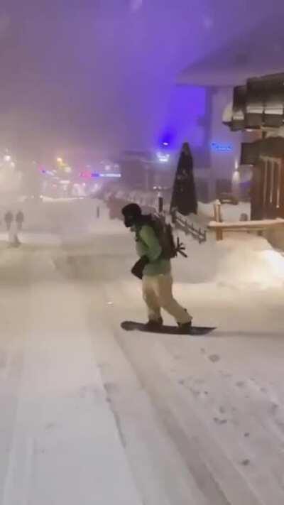 Snowboarding through Verbier, Switzerland