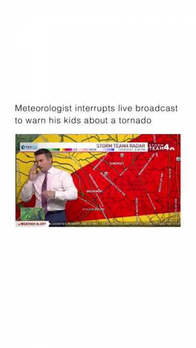 Meteorologist interrupts live broadcast to warn his kids about a tornado. Family over work!